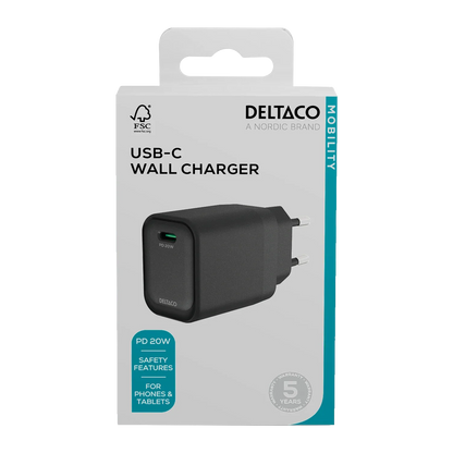 USB-C-väggladdare, 1x USB-C PD, 20 W, svart (ny)