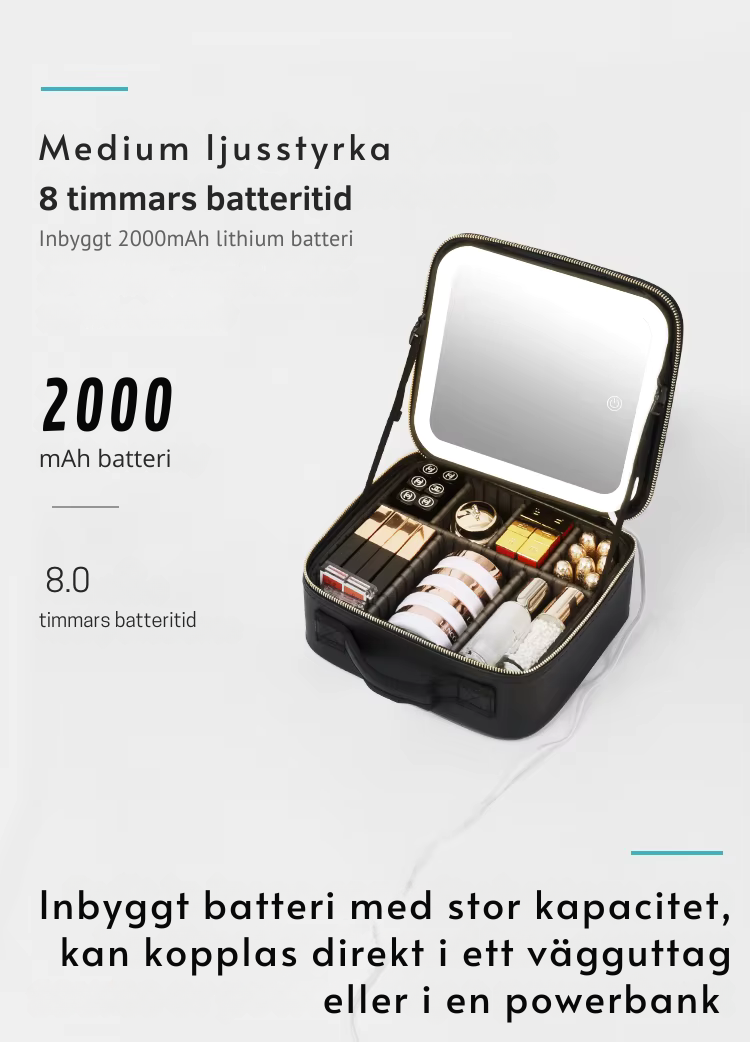 Sminkväska med LED-spegel, svart och rosa