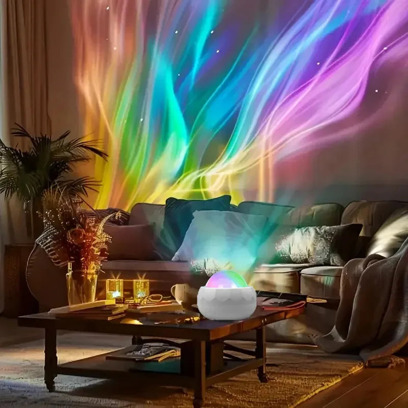 Norrsken LED projektorlampa från SmartnessBuyShop skapar färgglad stämning i mysigt vardagsrum