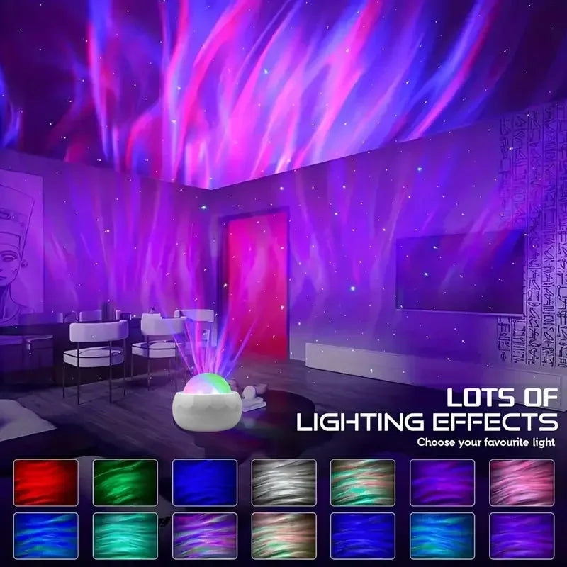 LED stjärnhimmel projektorlampa skapar norrskenseffekt i modernt vardagsrum, SmartnessBuyShop